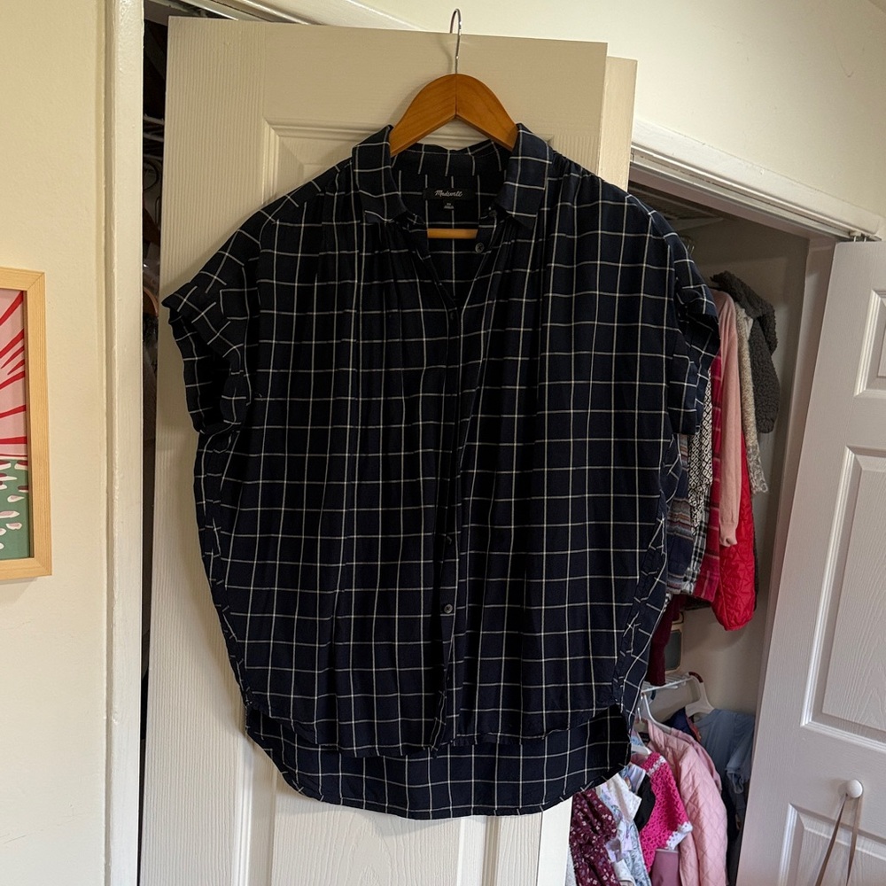 Madewell Navy and White Checkered Blouse